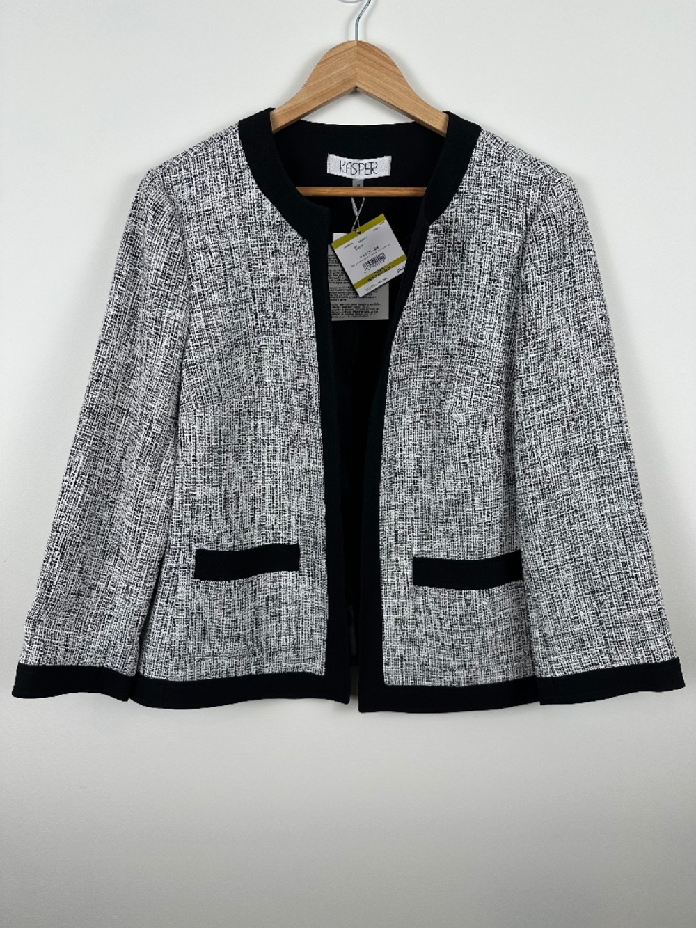 Kasper NWT Tweed Style Open Front Jacket Black White Contrast Trim Size 14